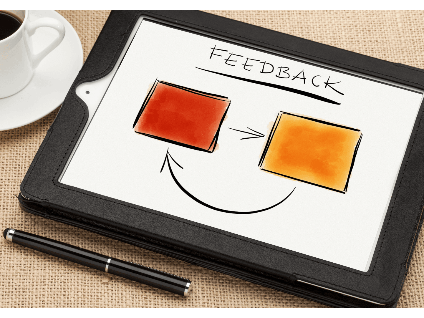  tablet showing a sketch labeled 'FEEDBACK,' with arrows pointing between two colored squares, symbolizing the process of giving and receiving feedback