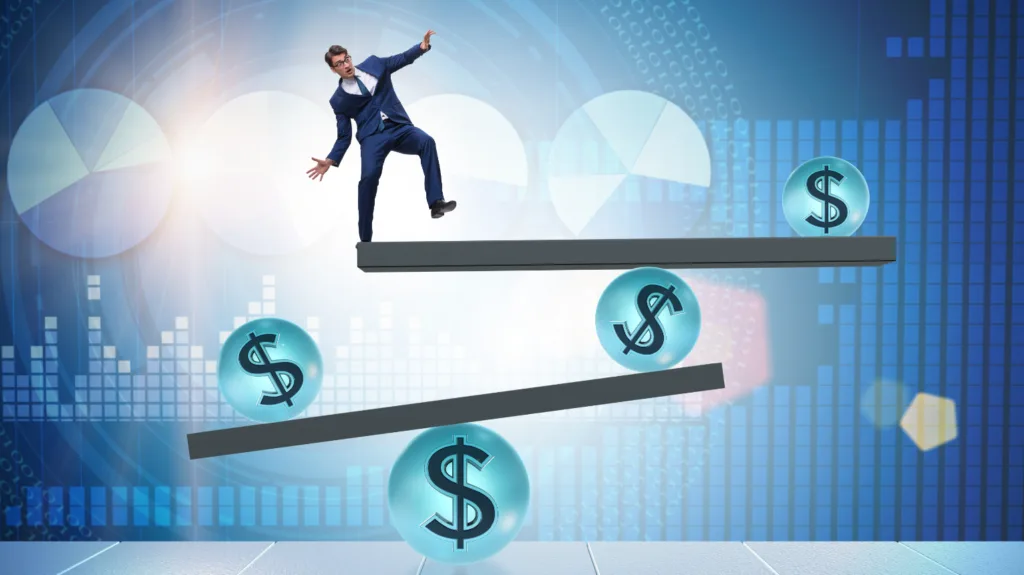 A businessman in a suit precariously balancing on a seesaw with glowing dollar signs, symbolizing the delicate balance of pricing strategies and profit in business.