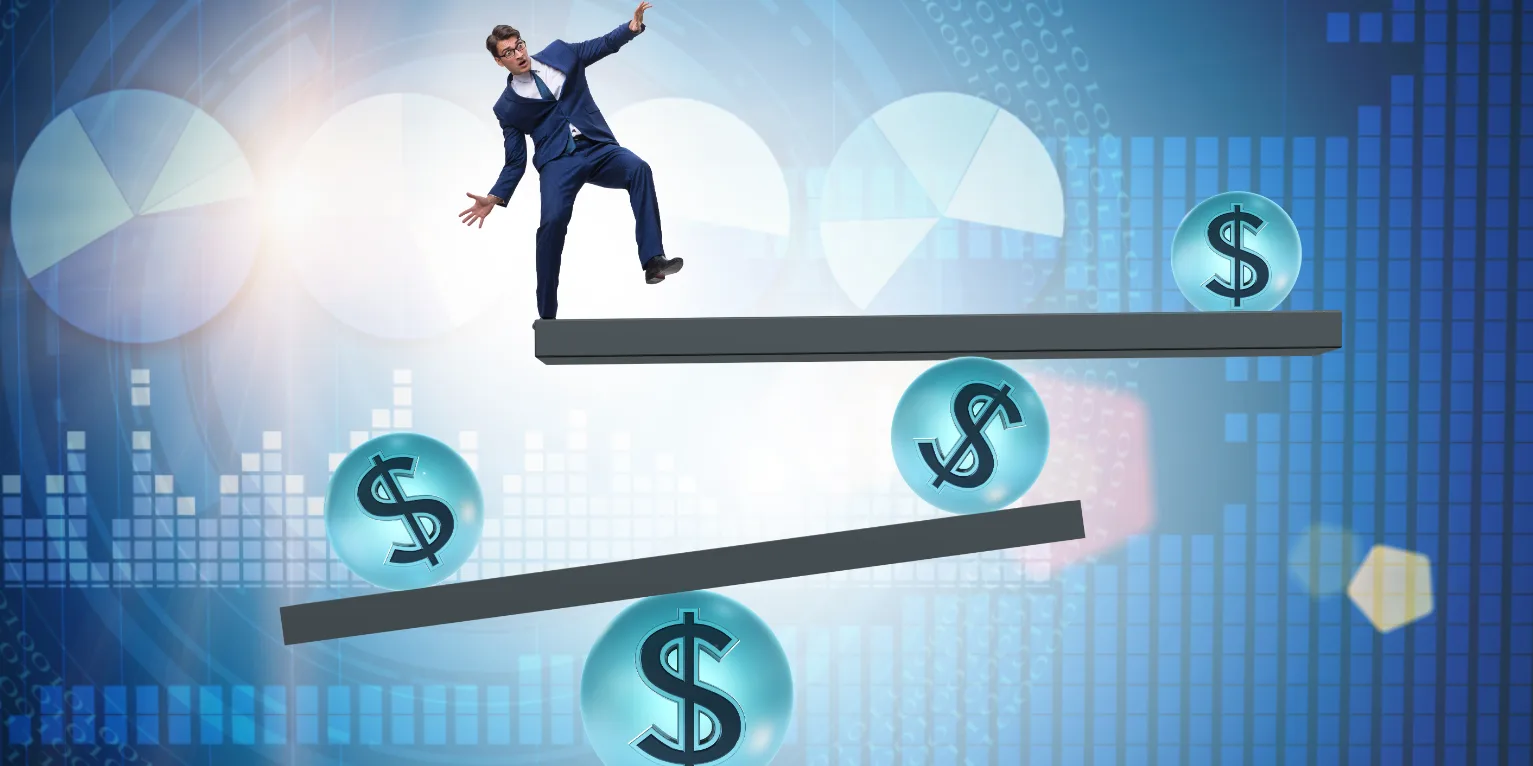 A businessman in a suit precariously balancing on a seesaw with glowing dollar signs, symbolizing the delicate balance of pricing strategies and profit in business.